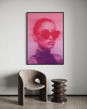 Load image into Gallery viewer, cool art or a woman with sunglasses, pop art in pink and purple
