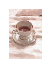 Load image into Gallery viewer, Vintage Teacup Serenity, art print of an oil painting by Hercules: a porcelain teacup and saucer on white fabric