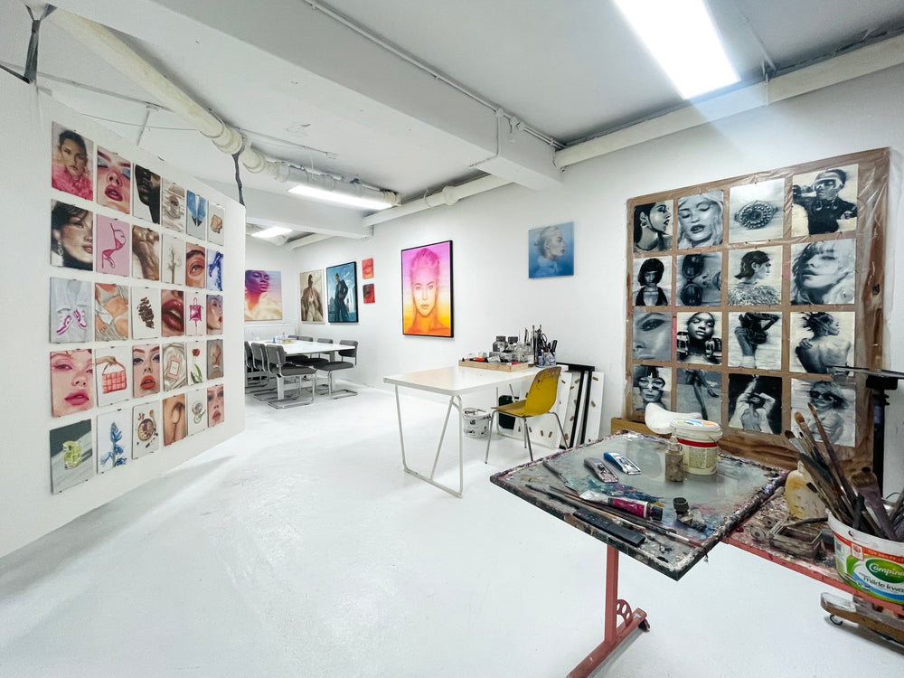 The studio of Renske Hercules in Amsterdam, with a wall of Feminine Fragments paintings