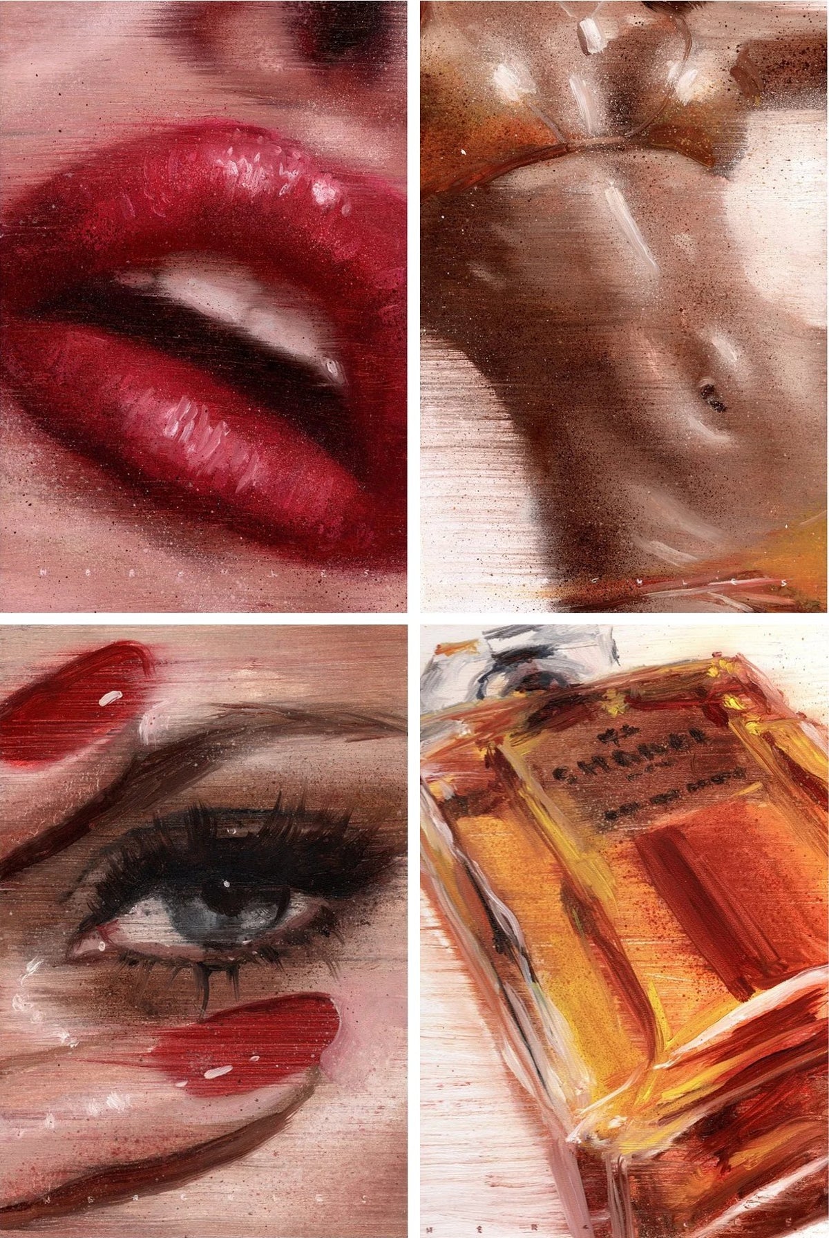 Four Feminine Fragments oil paintings by Renske Hercules: red lips, a bronze torso, an eye with red nails and a perfume bottle